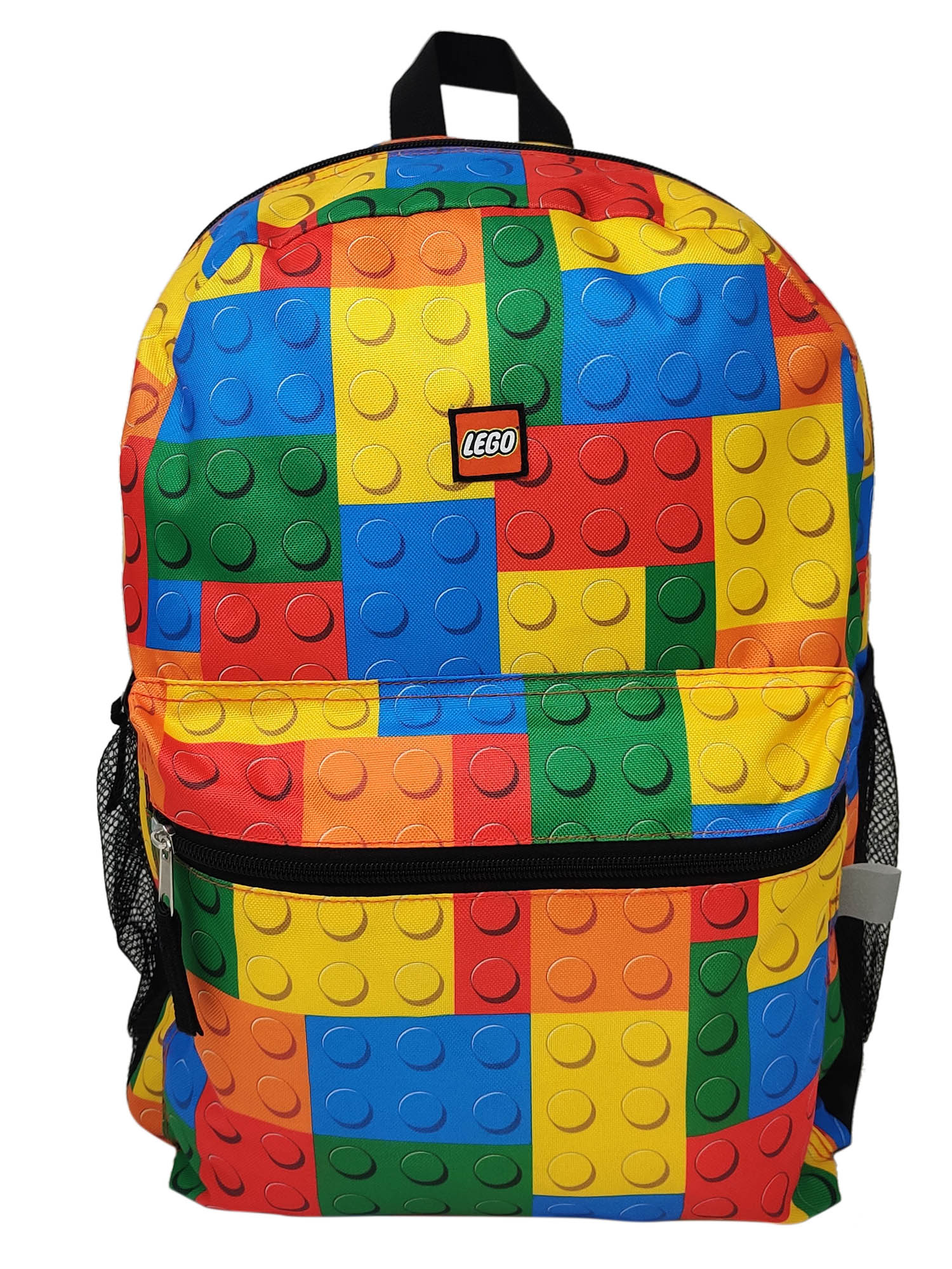 Lego Backpack 16 Multi Color Bricks Bag Front Side Hydration Pocket Open and Clothing