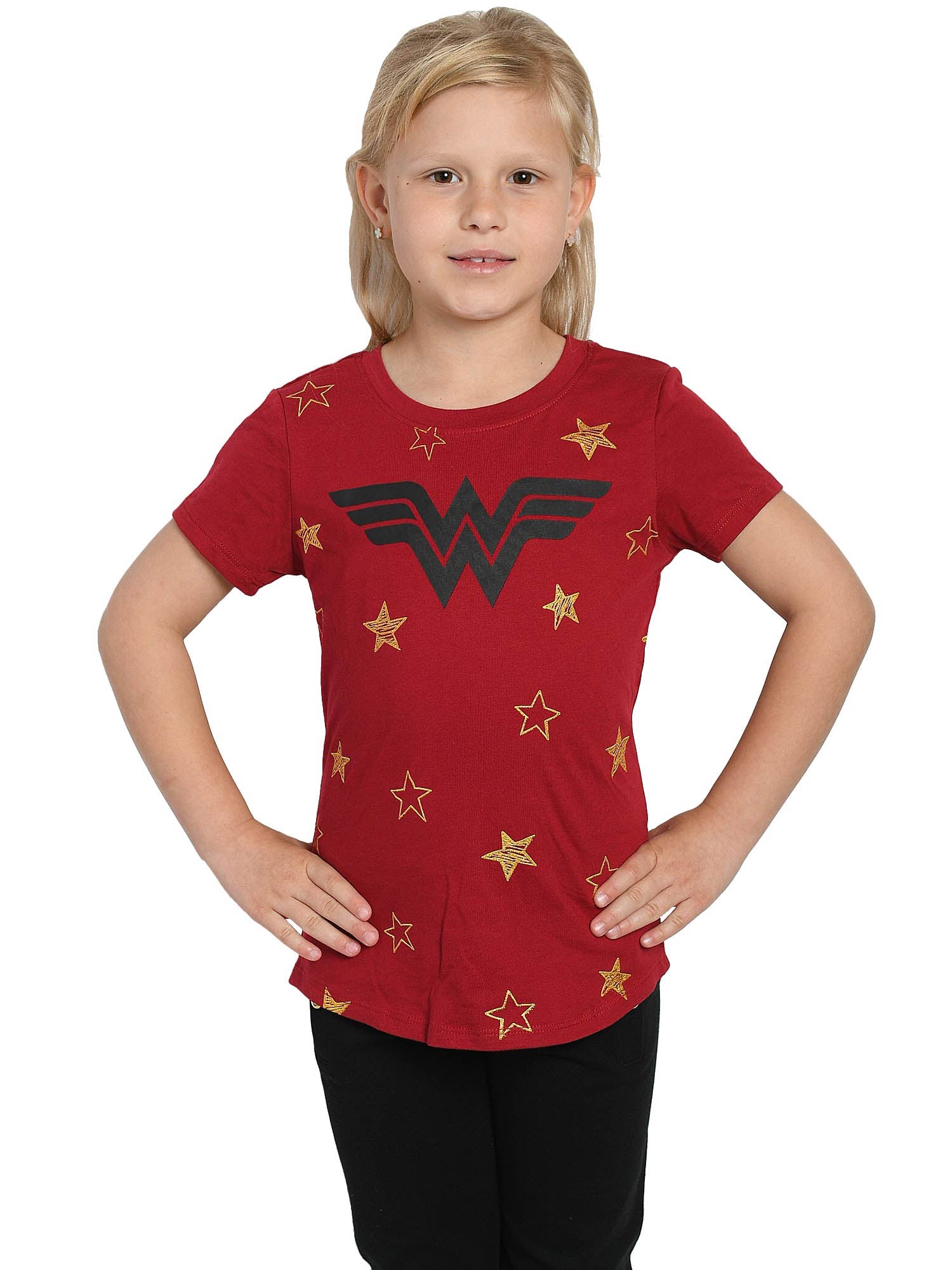 Wonder Woman T Shirt Superhero Logo Stars Short Sleeve Red DC Comics Girls