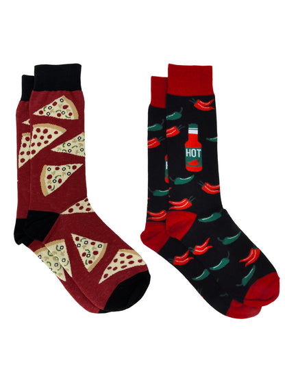 Men's Chili Pepper Hot Sauce & Pizza Novelty Dress Socks Food (2-Pair Set)