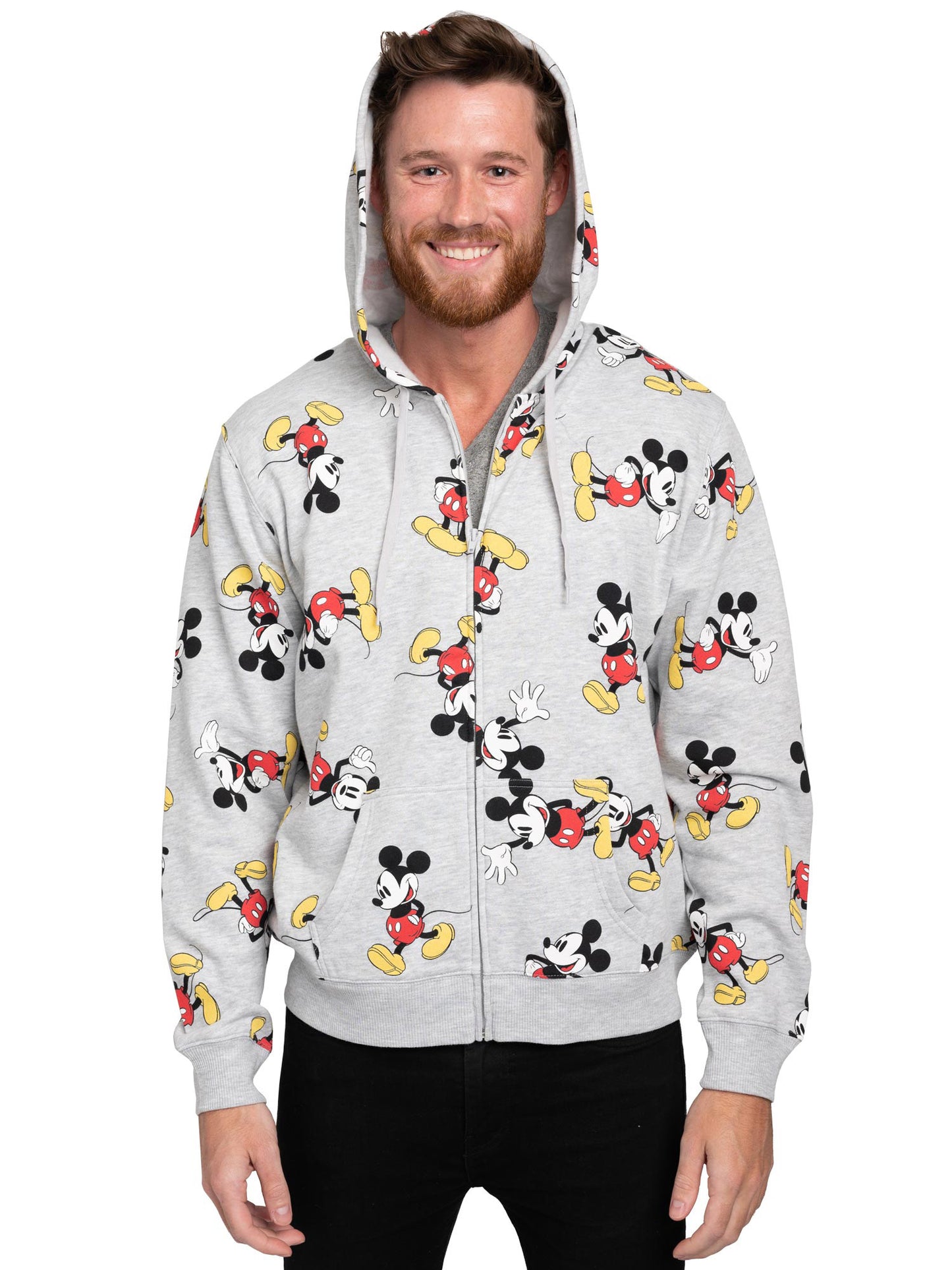 Disney Mens Mickey Mouse Zip Up Hoodie All-Over Print Sweatshirt Heather Gray