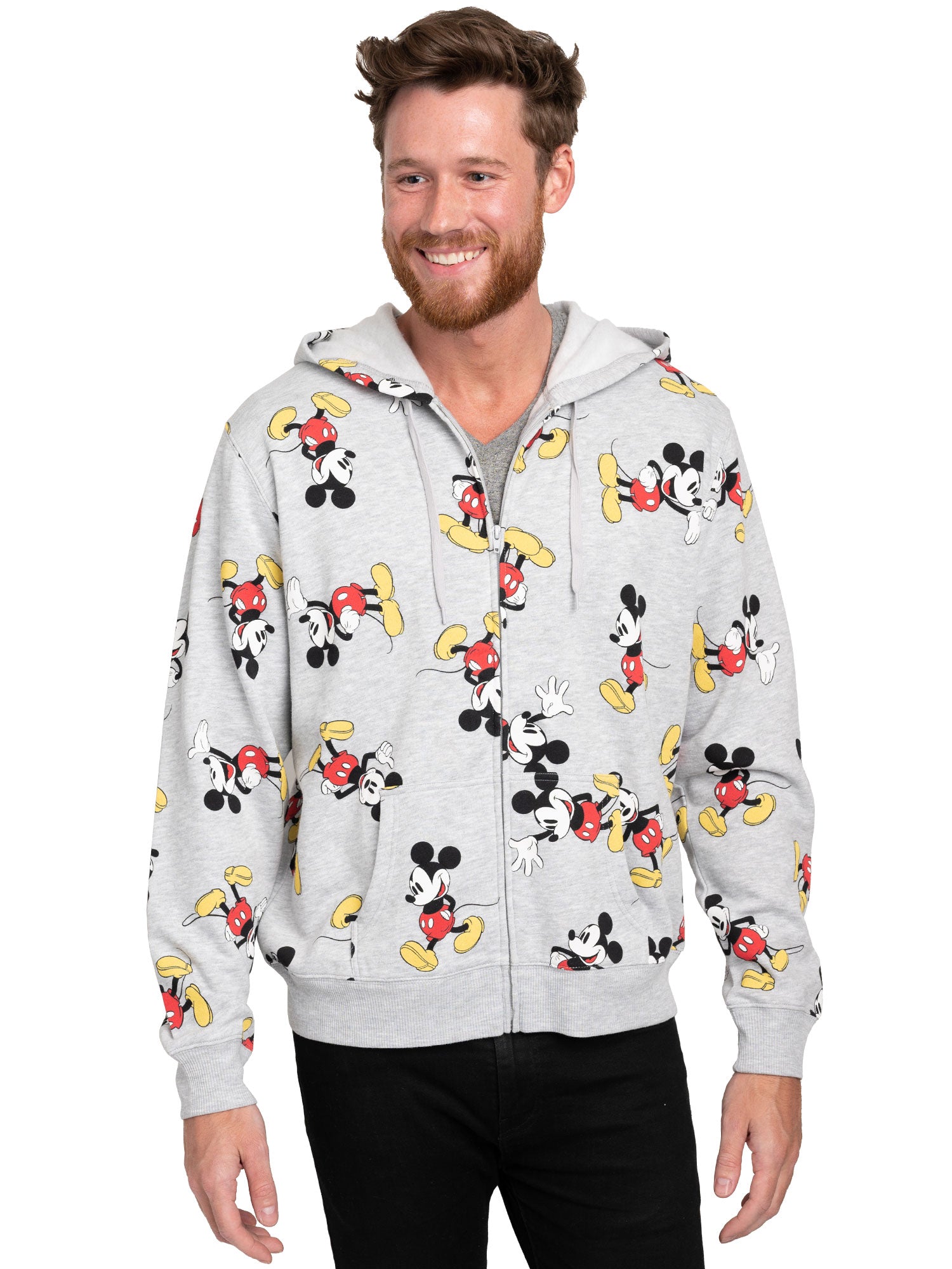 Disney Mens Mickey Mouse Zip Up Hoodie All Over Print Sweatshirt Heather Gray