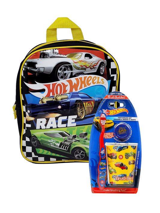 Hot Wheels Mini Backpack 11" Race Cars w/ Toothbrush & Cup Set Toddler Boys