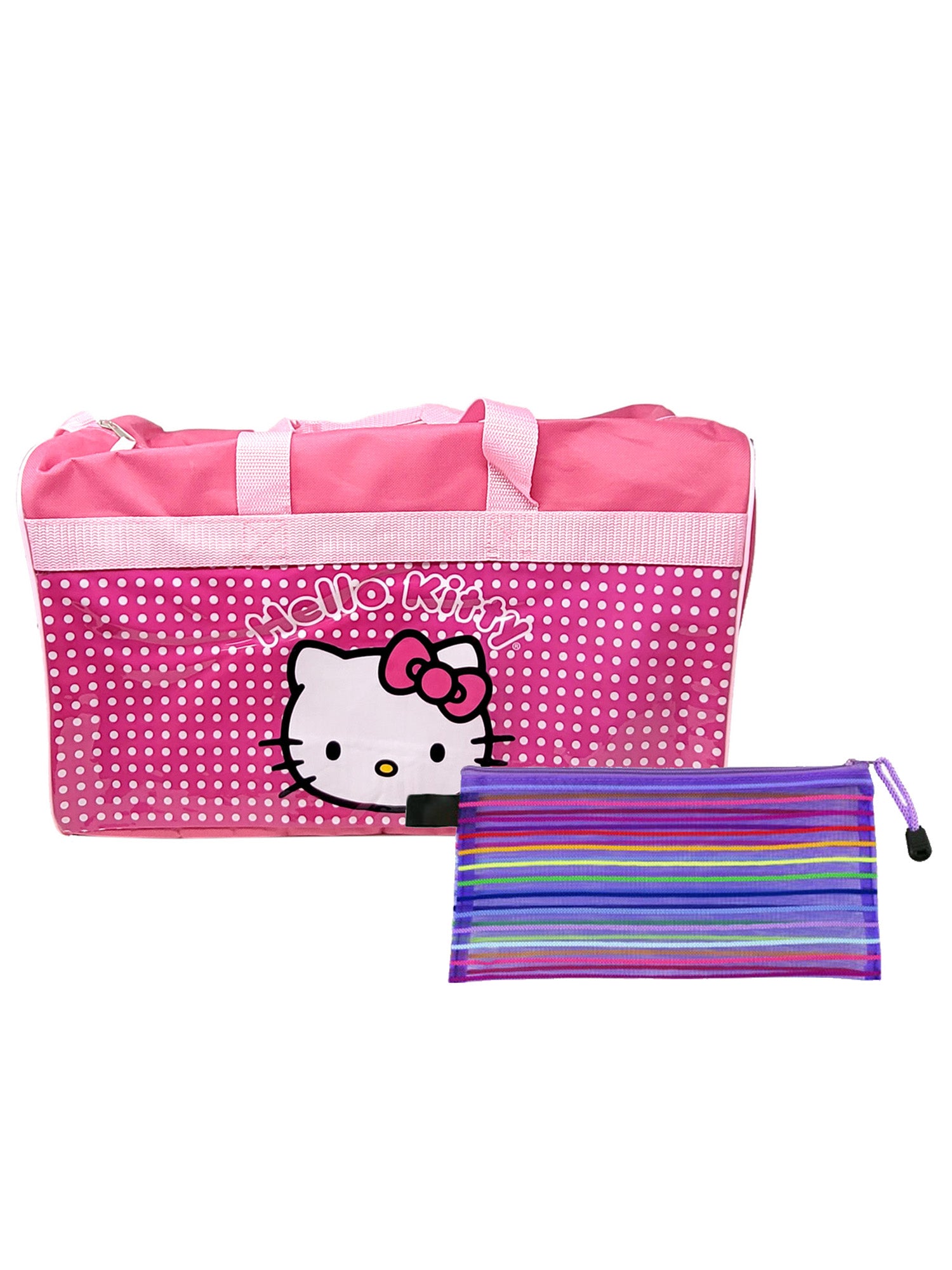 Hello Kitty Pink Duffel Bag 18 Sanrio Carry On w Mesh Zipper Travel Open and Clothing