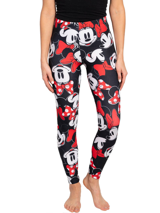 Juniors Disney Minnie Mouse Red Bow Black Leggings All-Over Print Stretch