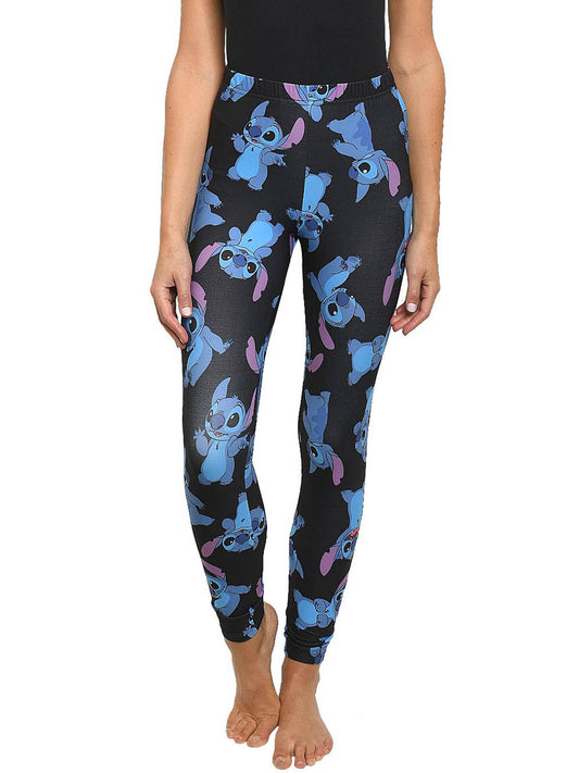 Womens Juniors Disney Stitch Leggings All Over Print Stretch Black Blue