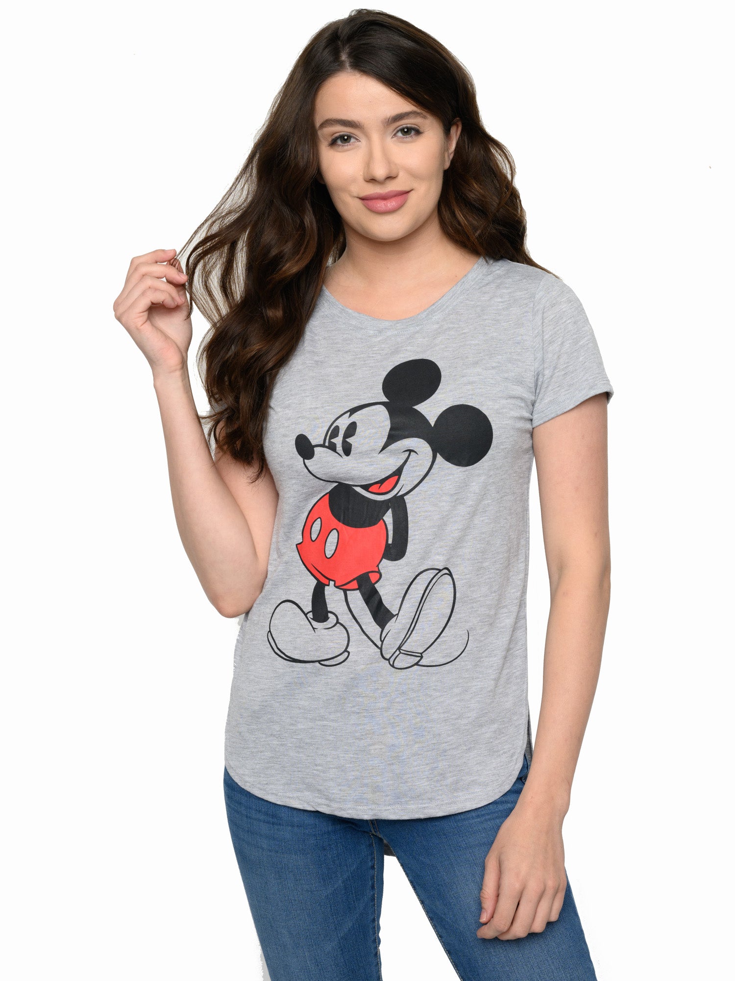 Juniors Disney Classic Mickey Mouse Hi Low Hem T Shirt Heather Gray Open and Clothing