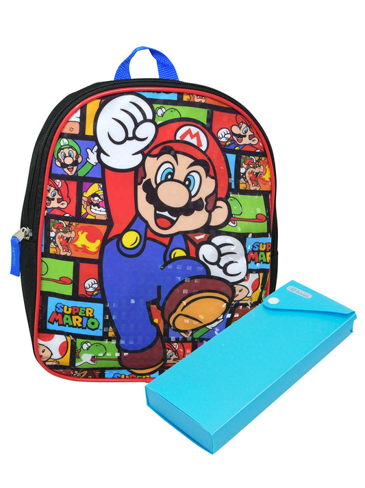 Super Mario Bros Mini Backpack 11" Luigi Nintendo w/ Sliding Pencil Case Set