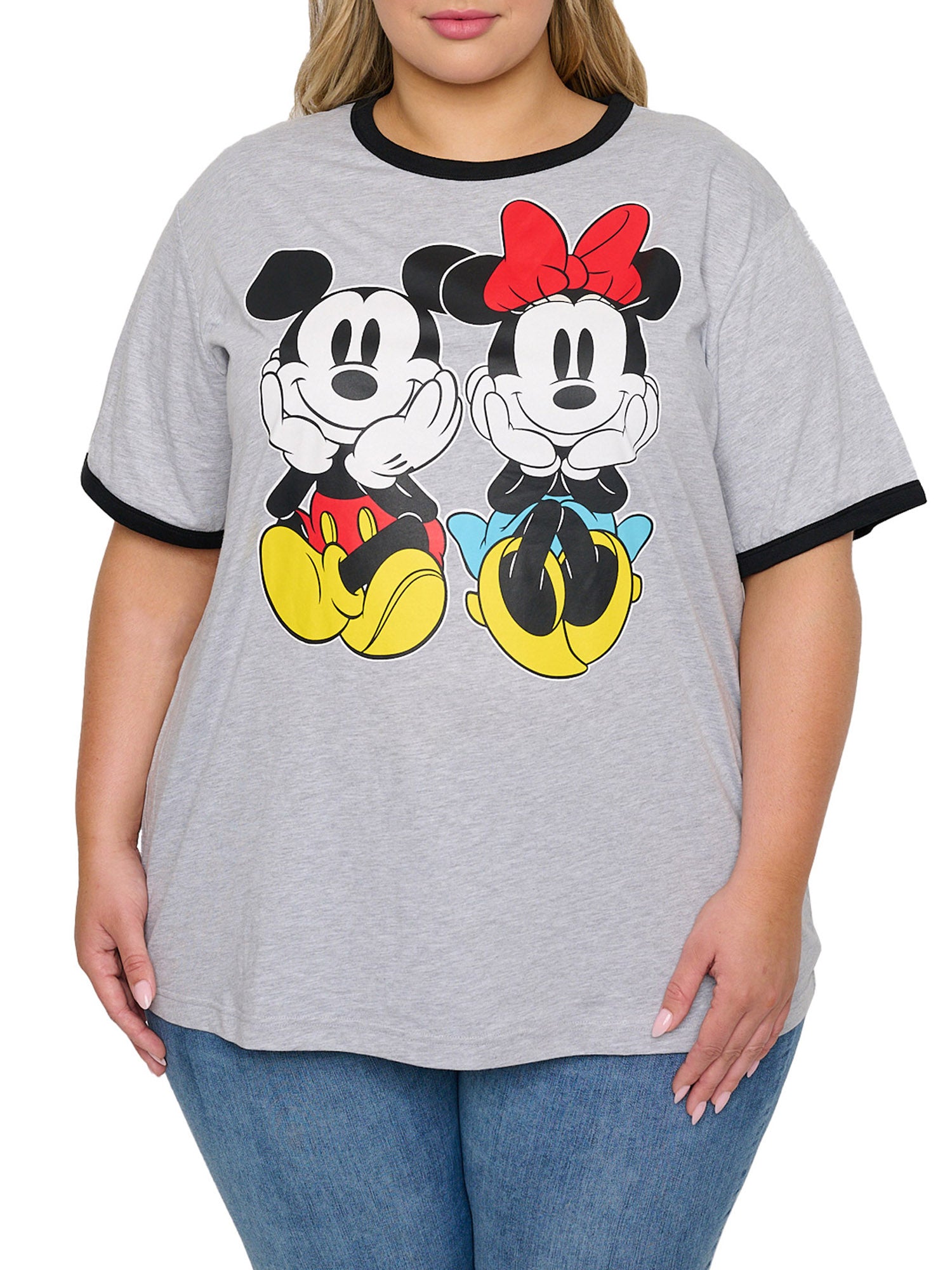 Mickey Minnie Mouse Sitting Ringer T Shirt Women s Plus Size Disney Gr Open and Clothing