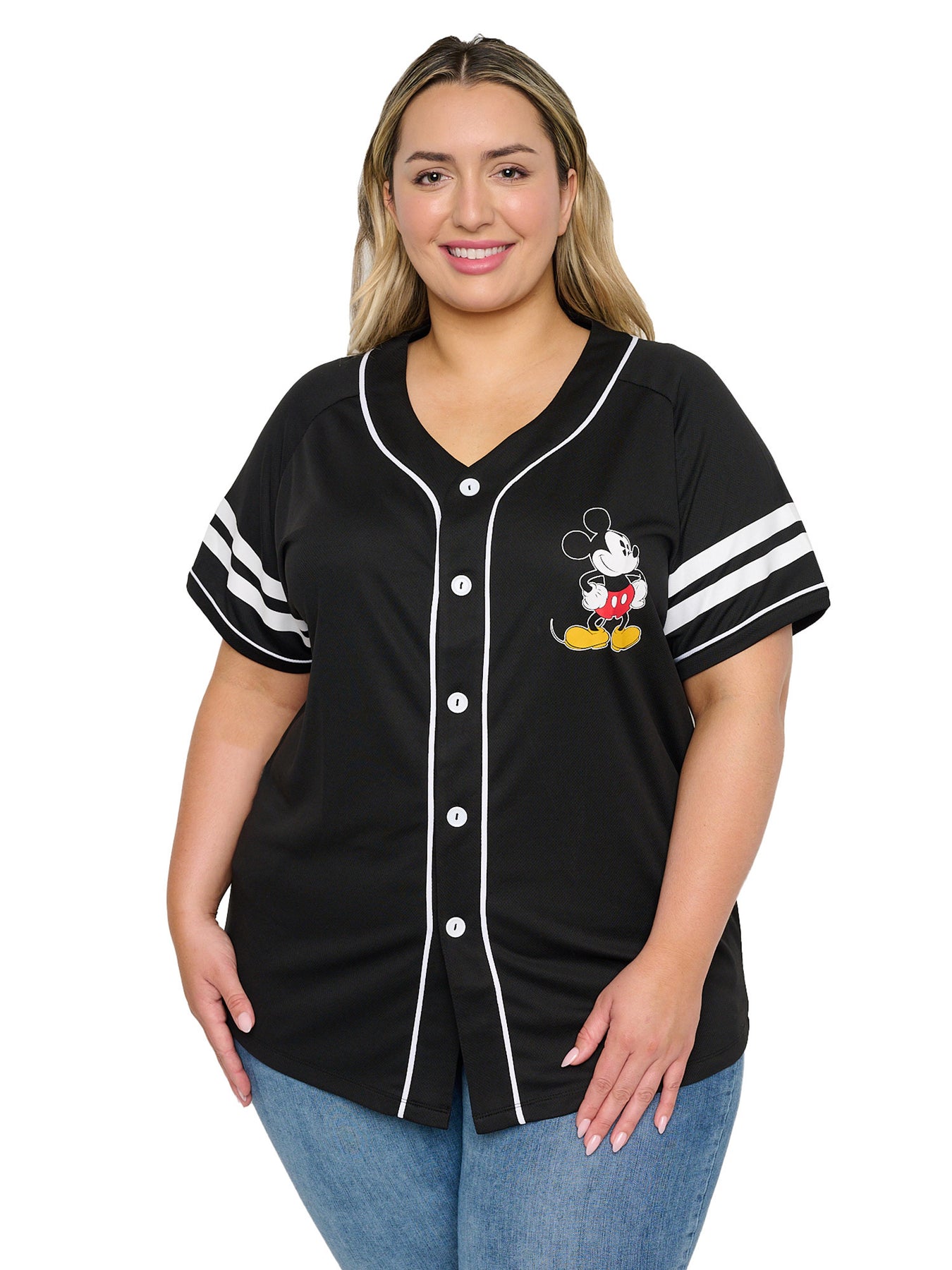Disney Mickey Mouse Black Baseball Jersey Shirt Button Down