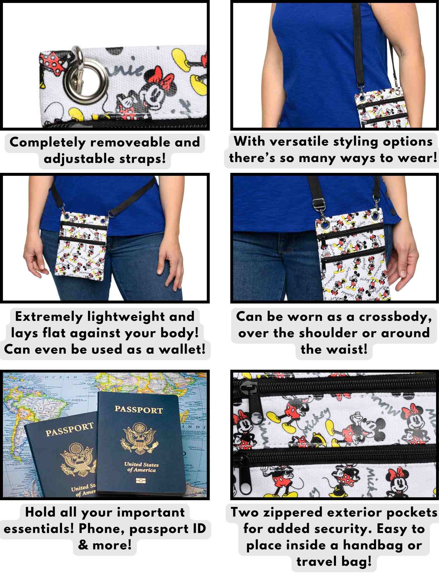 Mickey & Minnie Mouse Passport Bag Disney Women's Crossbody Purse Travel White
