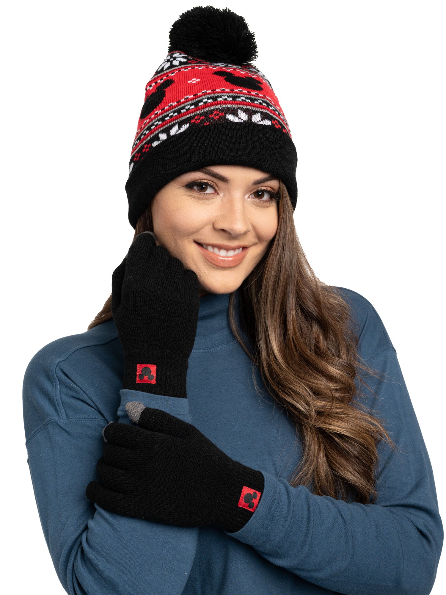 Adult Disney Mickey Mouse Knit Beanie Hat & Touch Screen Gloves Unisex Black Set