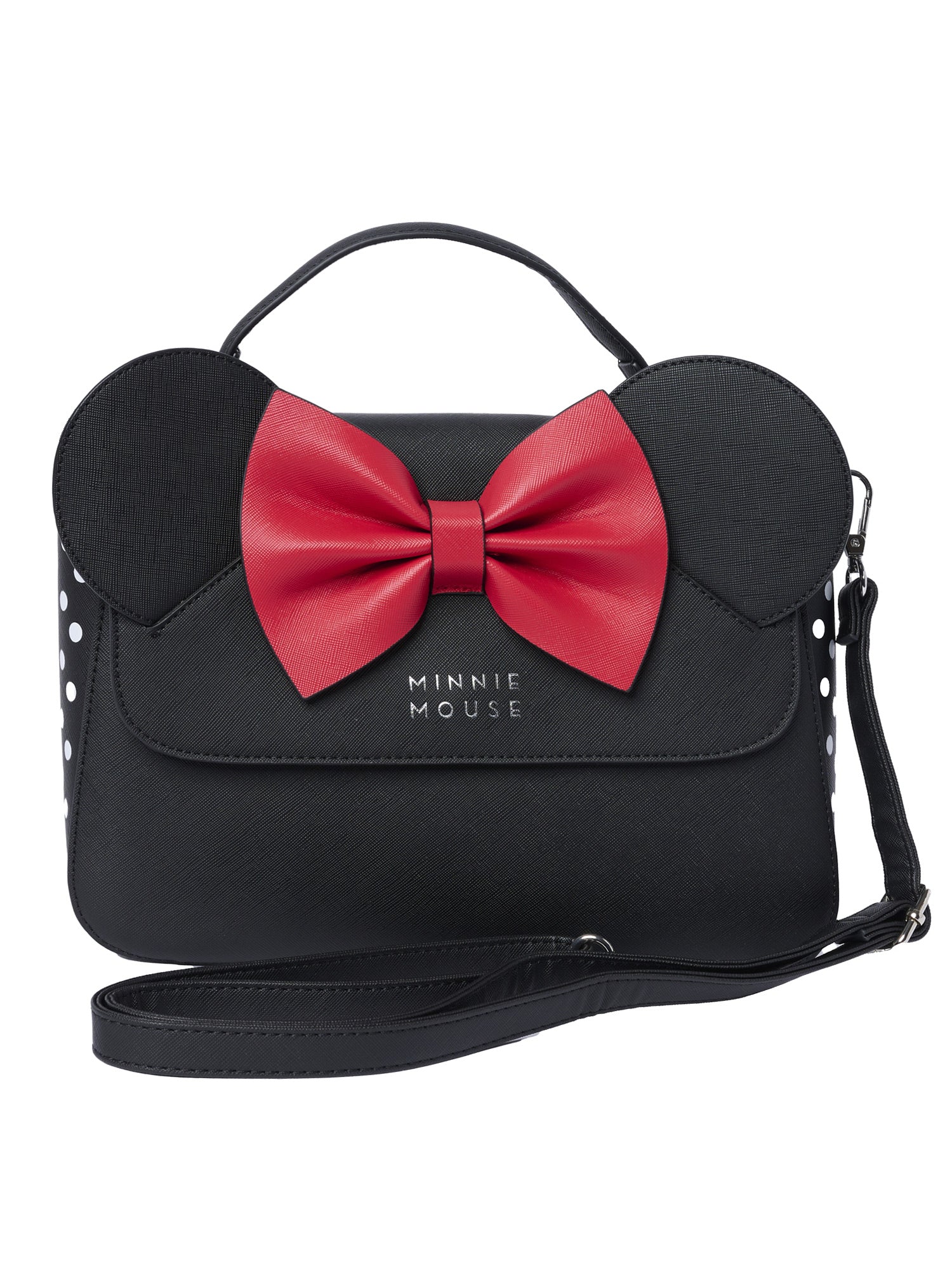 Loungefly X Disney Minnie Mouse Crossbody Purse With Ears And Bow Open and Clothing