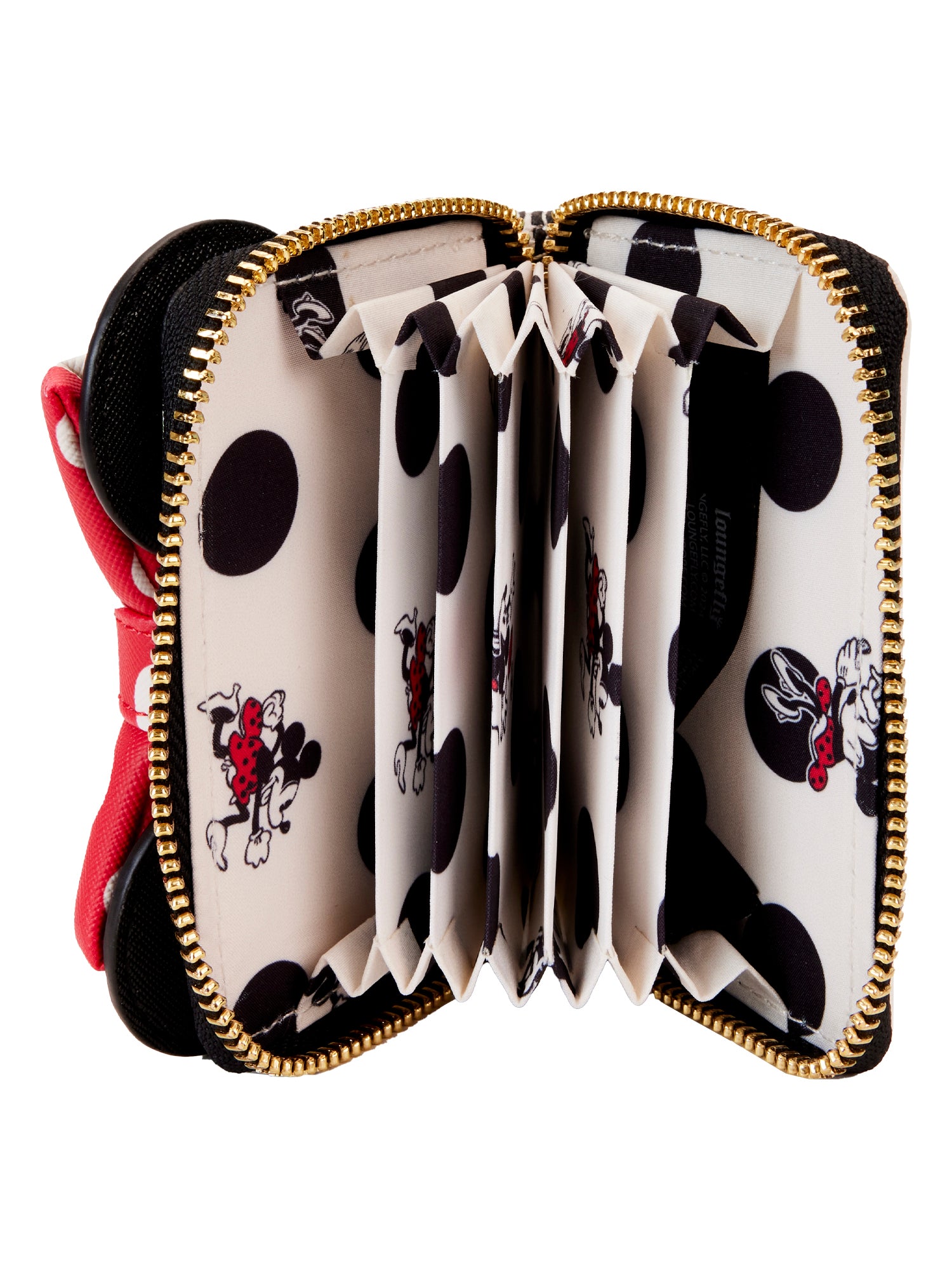 Loungefly x Disney Minnie Mouse Zip Around Accordion Wallet Bow Open and Clothing