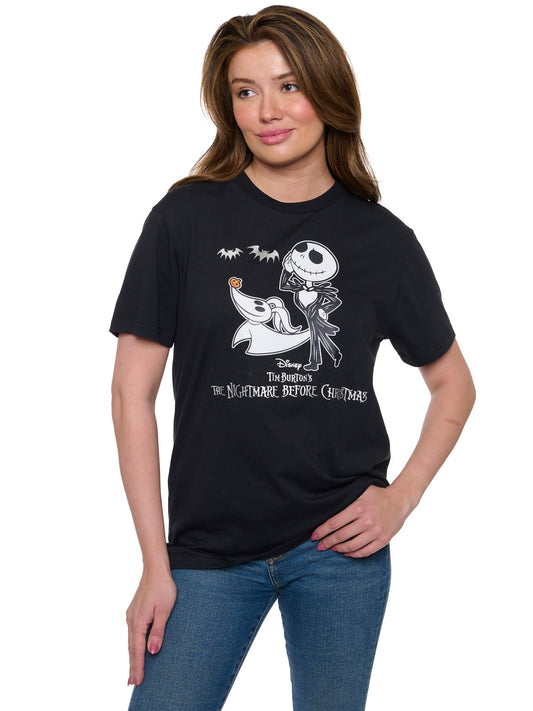 Women's Disney Jack Skellington and Zero Short Sleeve T-Shirt Foil Details Black