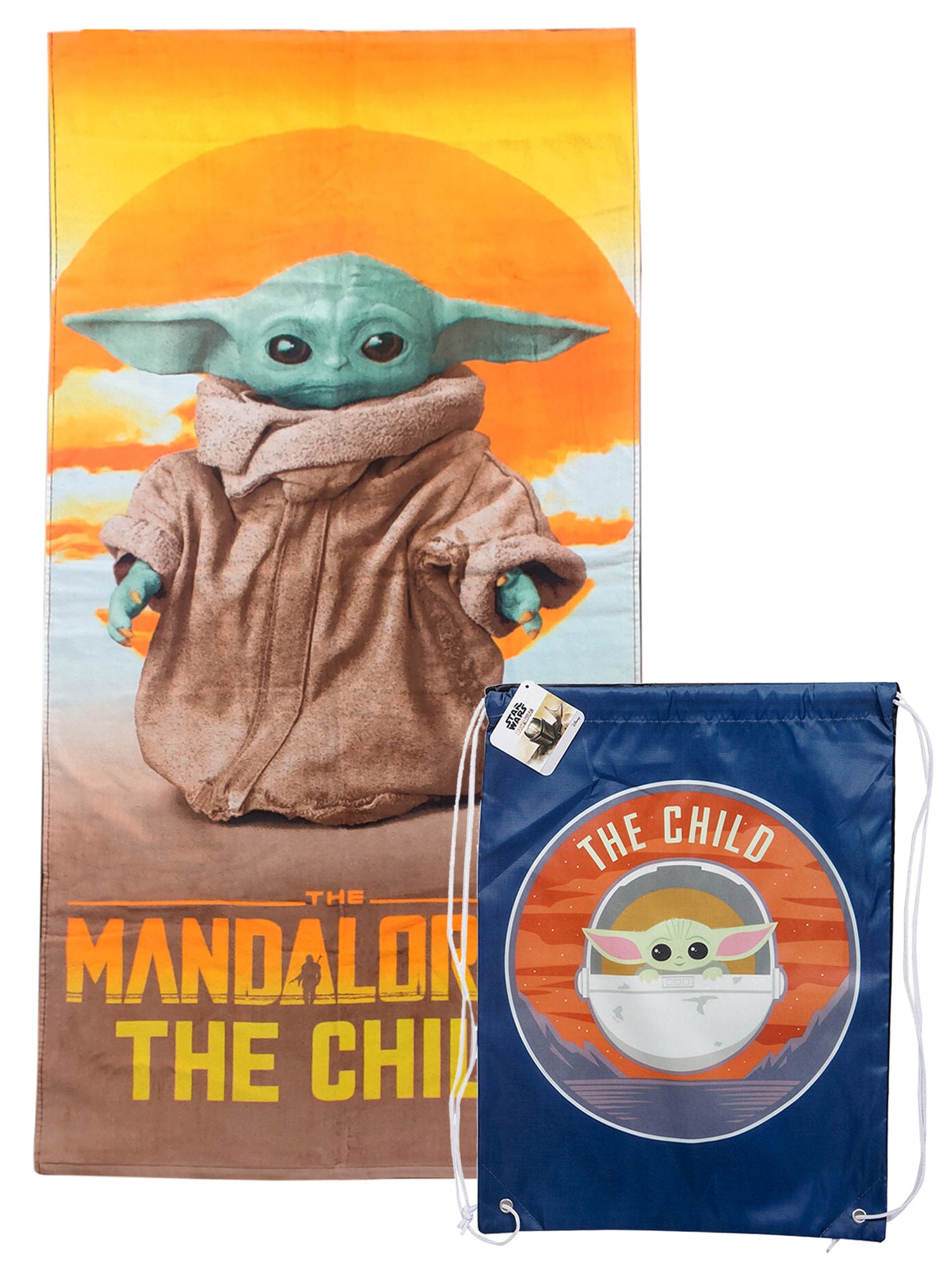 Star Wars Baby Yoda Pool Beach Towel 58x28 w Sling Bag Open and Clothing